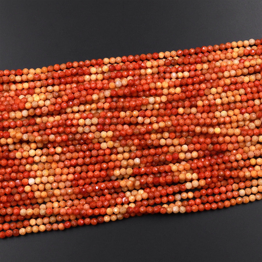 AAA Faceted Natural Golden Orange Red Fossil Coral 3mm Round Beads Multicolor Color Gemstone 15.5" Strand