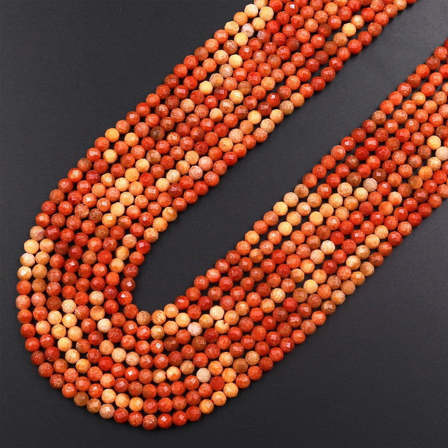 AAA Faceted Natural Golden Orange Red Fossil Coral 3mm Round Beads Multicolor Color Gemstone 15.5" Strand