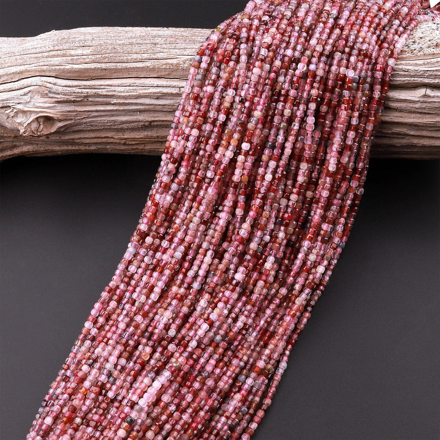 Real Genuine Natural Red Pink Spinel Faceted Cube Beads 2mm 3mm Multicolor Gemstone 15.5" Strand
