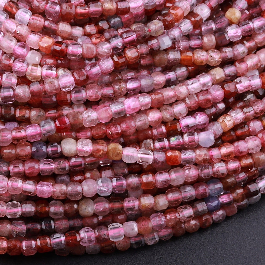 Real Genuine Natural Red Pink Spinel Faceted Cube Beads 2mm 3mm Multicolor Gemstone 15.5" Strand