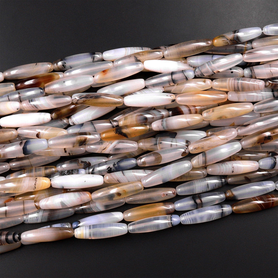 Natural Montana Agate Beads Long Slender Barrel Cylinder Tube 15.5" Strand