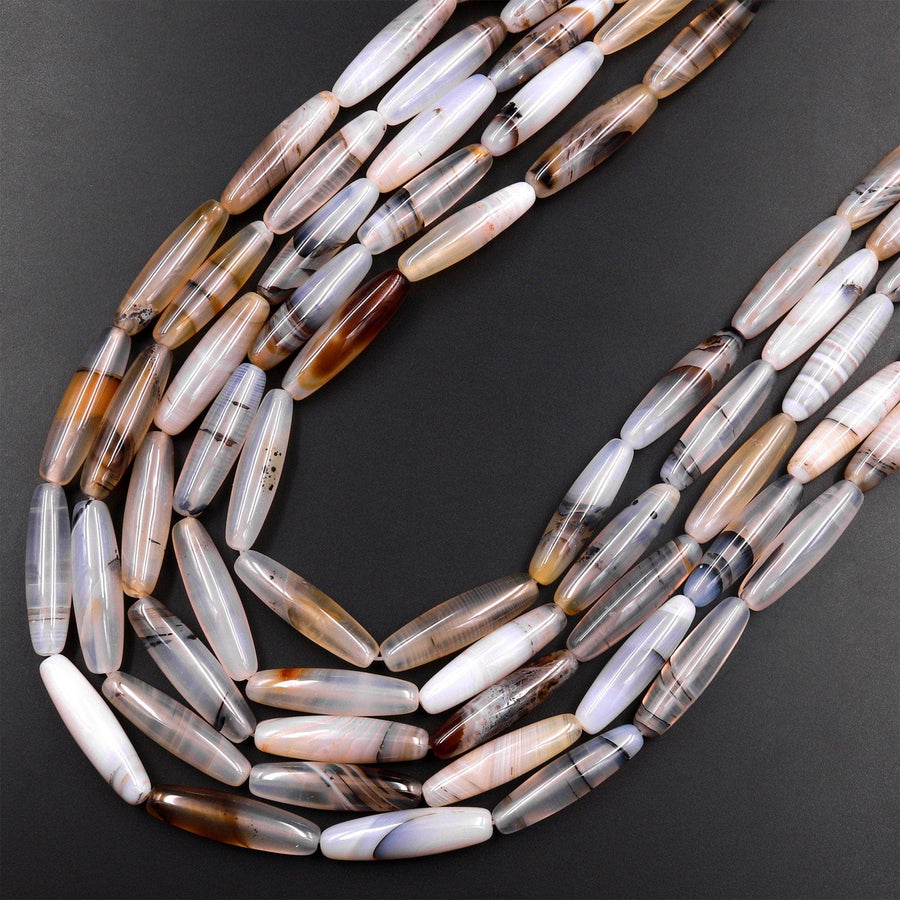 Natural Montana Agate Beads Long Slender Barrel Cylinder Tube 15.5" Strand