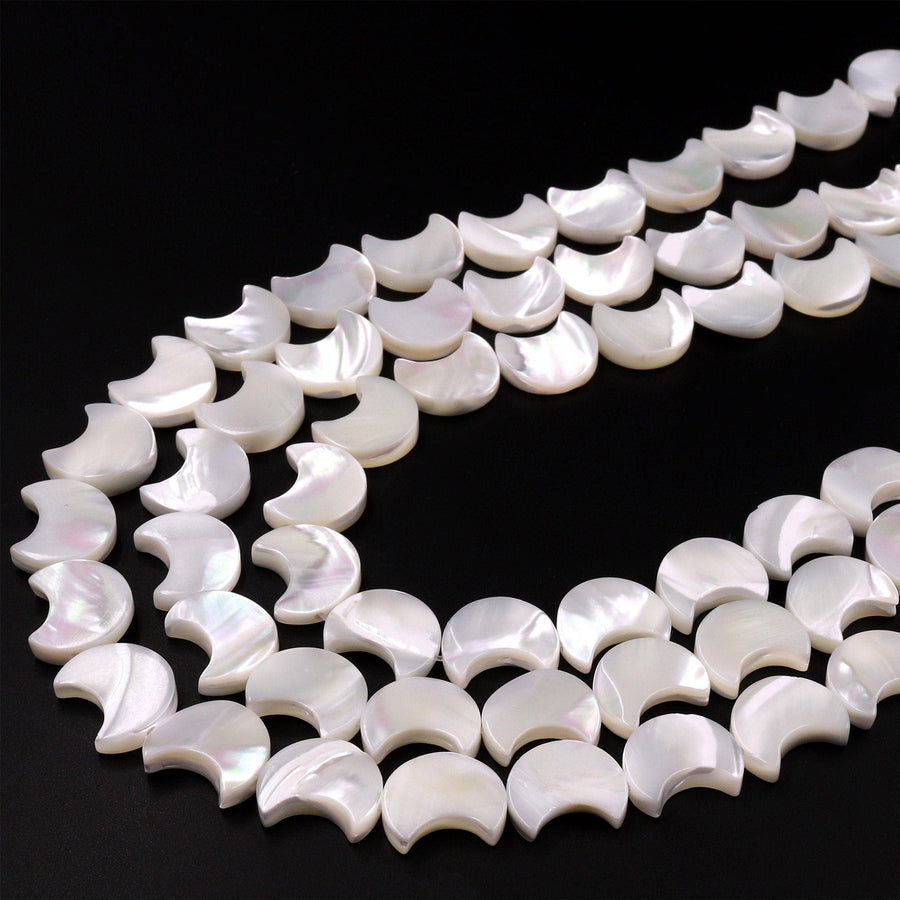 AAA Iridescent Carved Natural White Mother of Pearl Shell Moon Beads 12mm 15.5" Strand