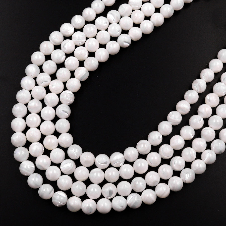 AAA Natural White Mother of Pearl 4mm 6mm 8mm 10mm Smooth Round Beads Iridescent Shell 15.5" Strand