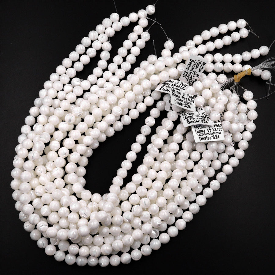 AAA Natural White Mother of Pearl 4mm 6mm 8mm 10mm Smooth Round Beads Iridescent Shell 15.5" Strand