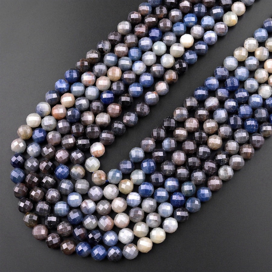 Natural Burma Blue Sapphire Faceted 6mm 8mm Round Beads Multicolor Gradient Shades 15.5" Strand