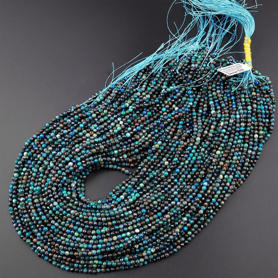 Natural Chrysocolla Azurite 3mm 4mm Faceted Round Beads Laser Diamond Cut Blue Gemstone 15.5" Strand