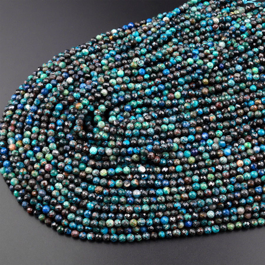 Natural Chrysocolla Azurite 3mm 4mm Faceted Round Beads Laser Diamond Cut Blue Gemstone 15.5" Strand
