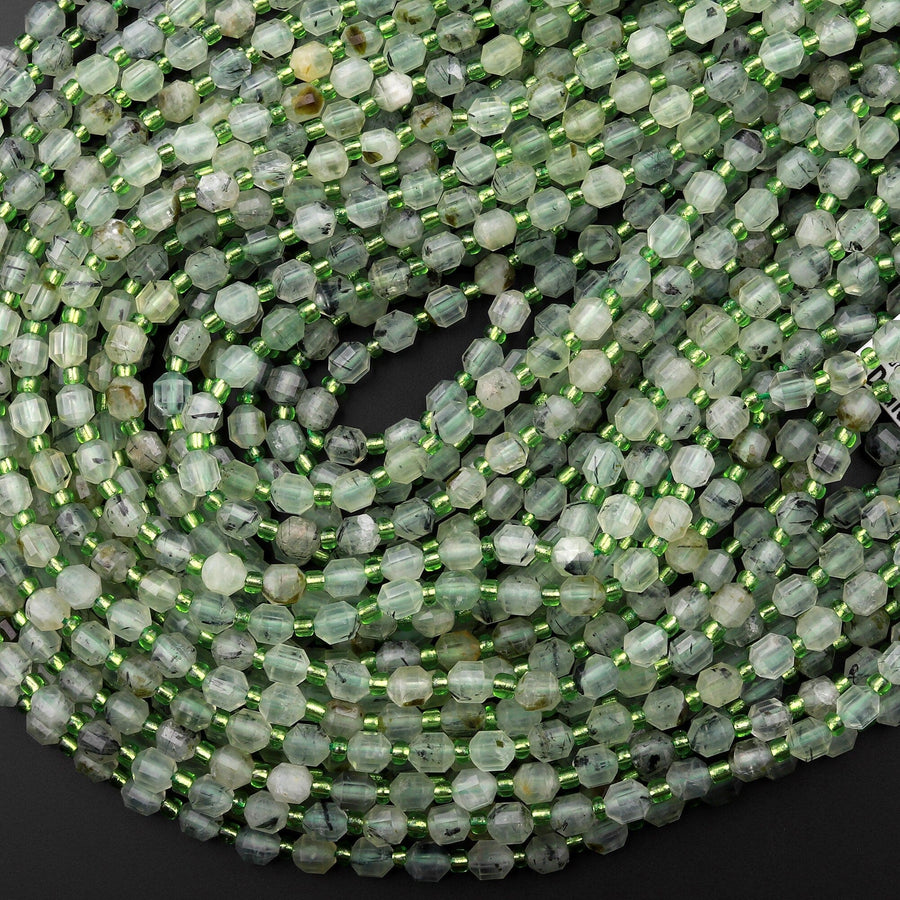 AAA Natural Prehnite 6mm Beads Faceted Energy Prism Double Terminated Point Cut 15.5" Strand