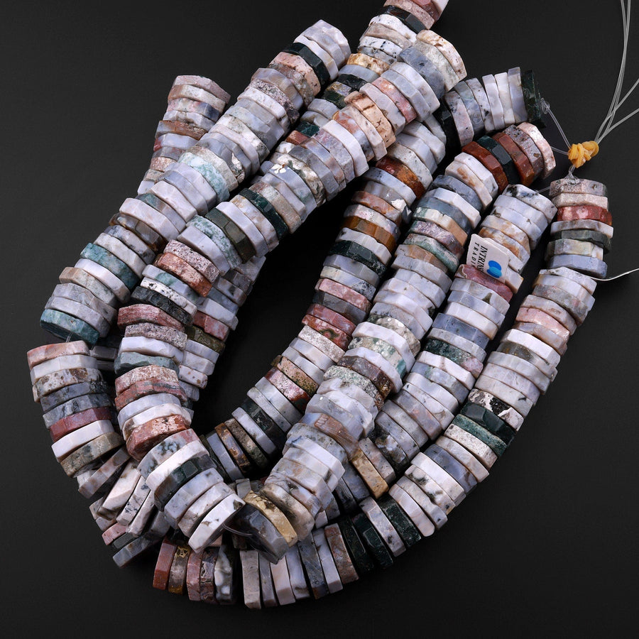 Huge Phenomenal Faceted Natural Ocean Jasper Beads Center Drilled Rondelle Heishi Disc 15.5" Strand