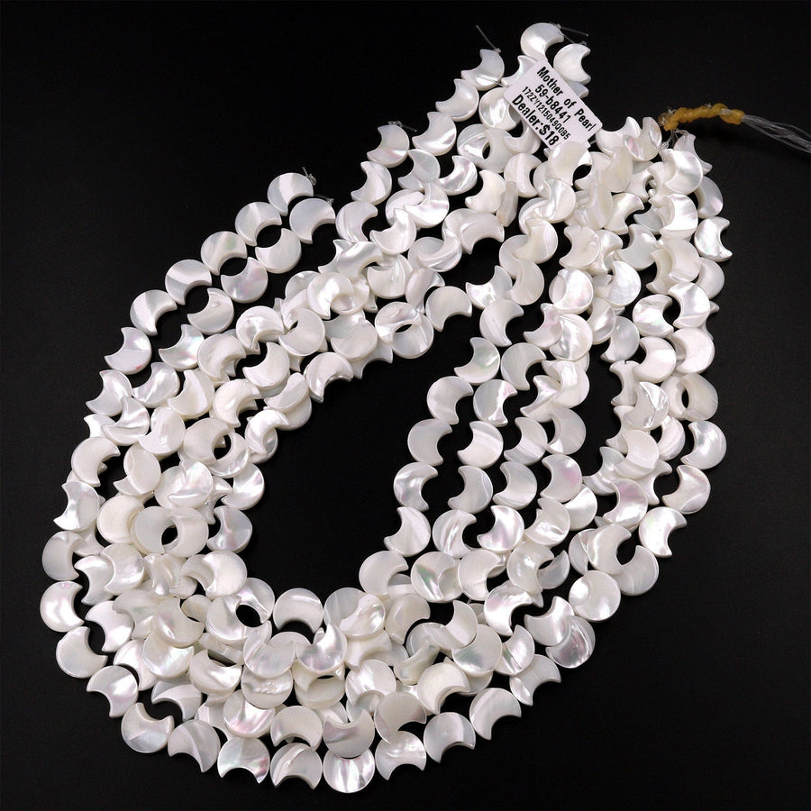 AAA Iridescent Carved Natural White Mother of Pearl Shell Moon Beads 12mm 15.5" Strand