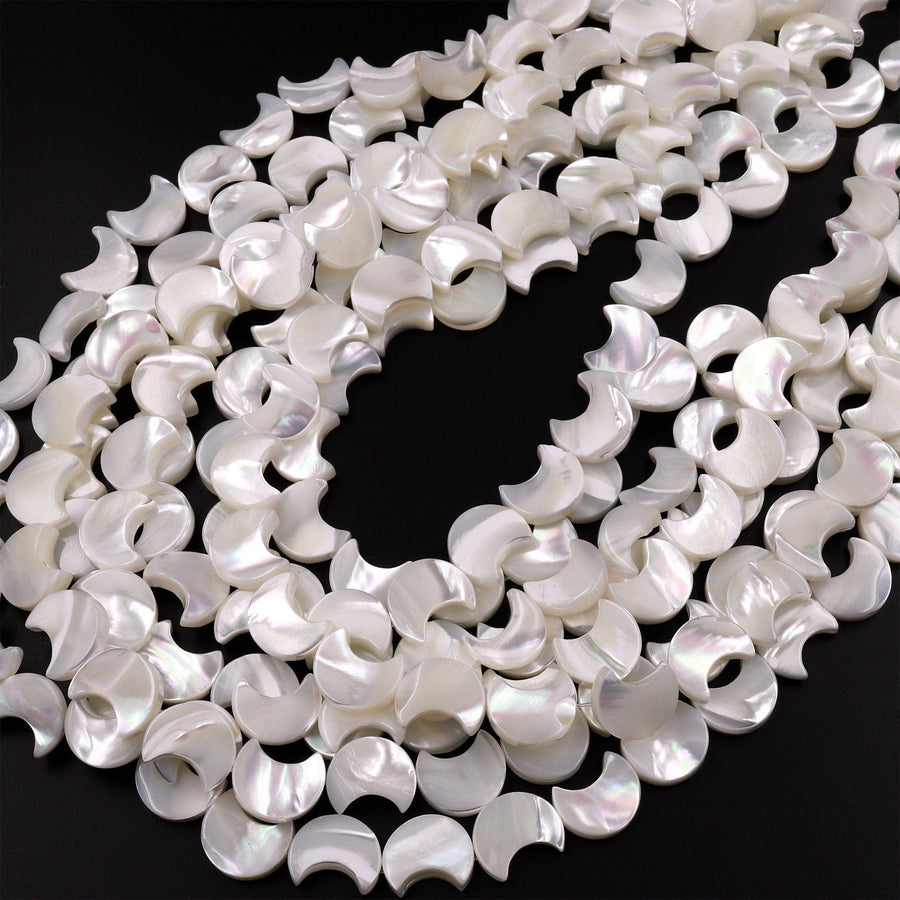 AAA Iridescent Carved Natural White Mother of Pearl Shell Moon Beads 12mm 15.5" Strand