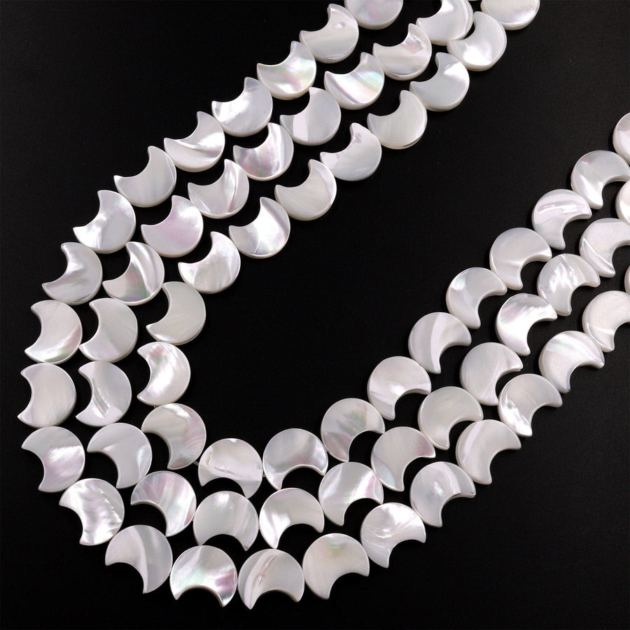 AAA Iridescent Carved Natural White Mother of Pearl Shell Moon Beads 12mm 15.5" Strand