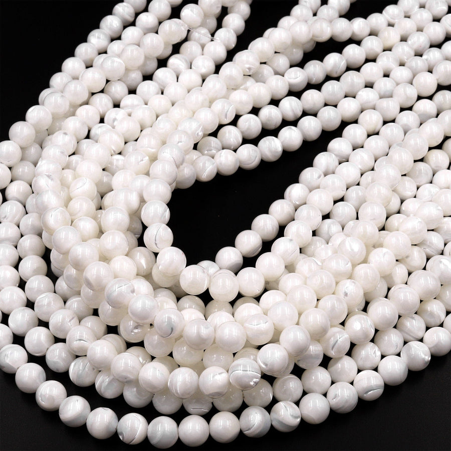 AAA Natural White Mother of Pearl 4mm 6mm 8mm 10mm Smooth Round Beads Iridescent Shell 15.5" Strand