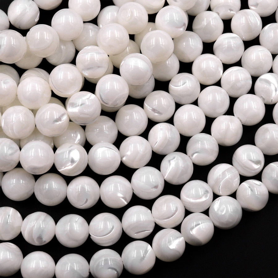 AAA Natural White Mother of Pearl 4mm 6mm 8mm 10mm Smooth Round Beads Iridescent Shell 15.5" Strand