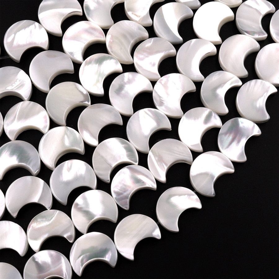 AAA Iridescent Carved Natural White Mother of Pearl Shell Moon Beads 12mm 15.5" Strand