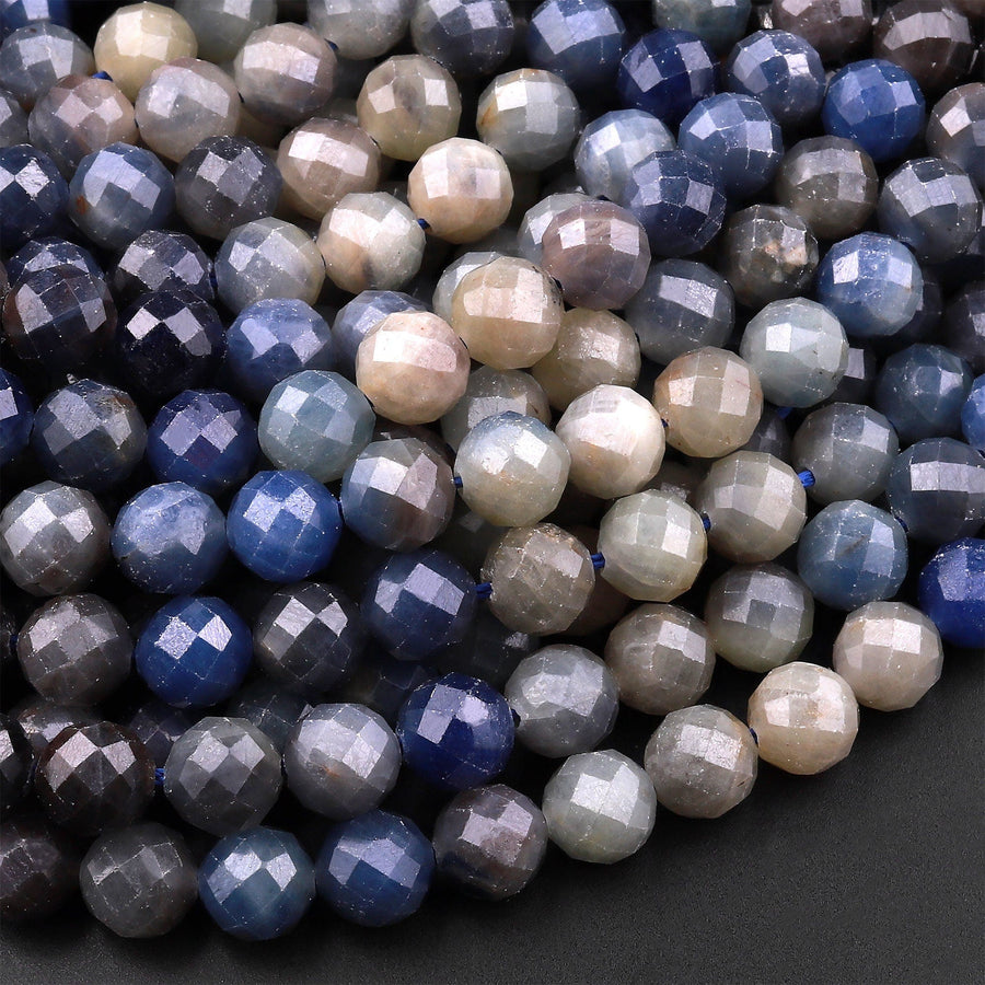 Natural Burma Blue Sapphire Faceted 6mm 8mm Round Beads Multicolor Gradient Shades 15.5" Strand