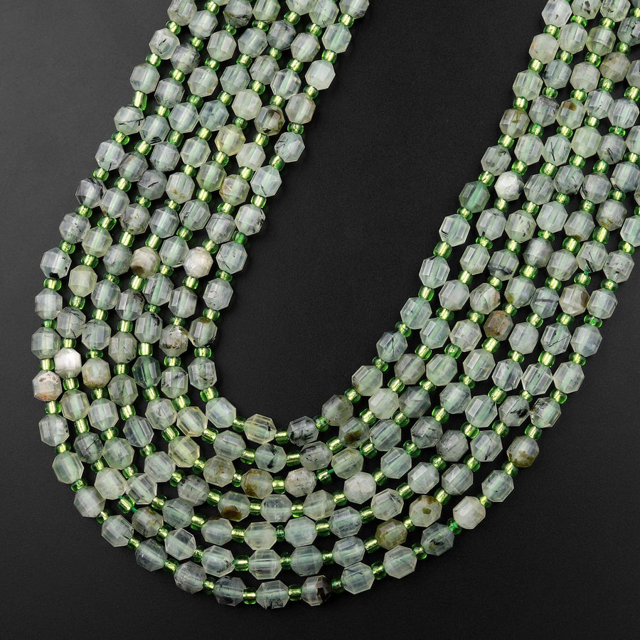 AAA Natural Prehnite 6mm Beads Faceted Energy Prism Double Terminated Point Cut 15.5" Strand