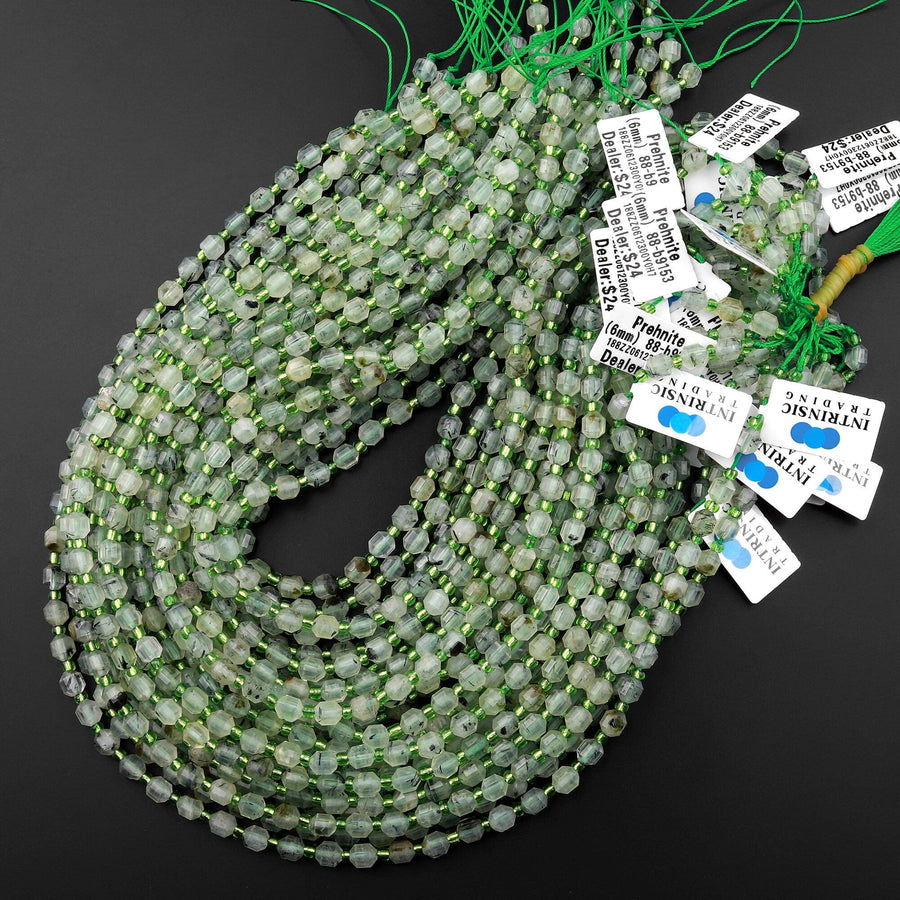 AAA Natural Prehnite 6mm Beads Faceted Energy Prism Double Terminated Point Cut 15.5" Strand