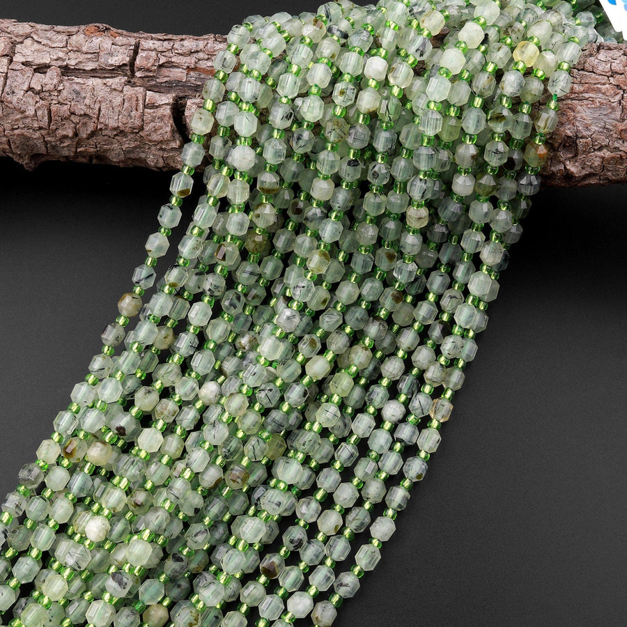 AAA Natural Prehnite 6mm Beads Faceted Energy Prism Double Terminated Point Cut 15.5" Strand