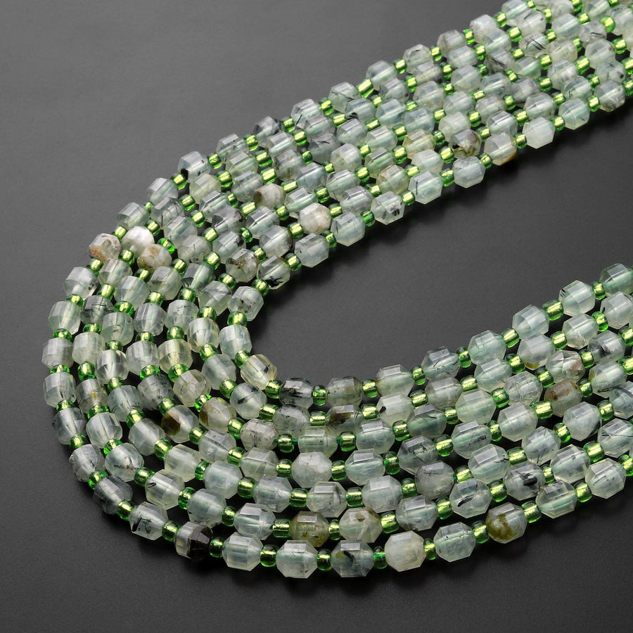 AAA Natural Prehnite 6mm Beads Faceted Energy Prism Double Terminated Point Cut 15.5" Strand