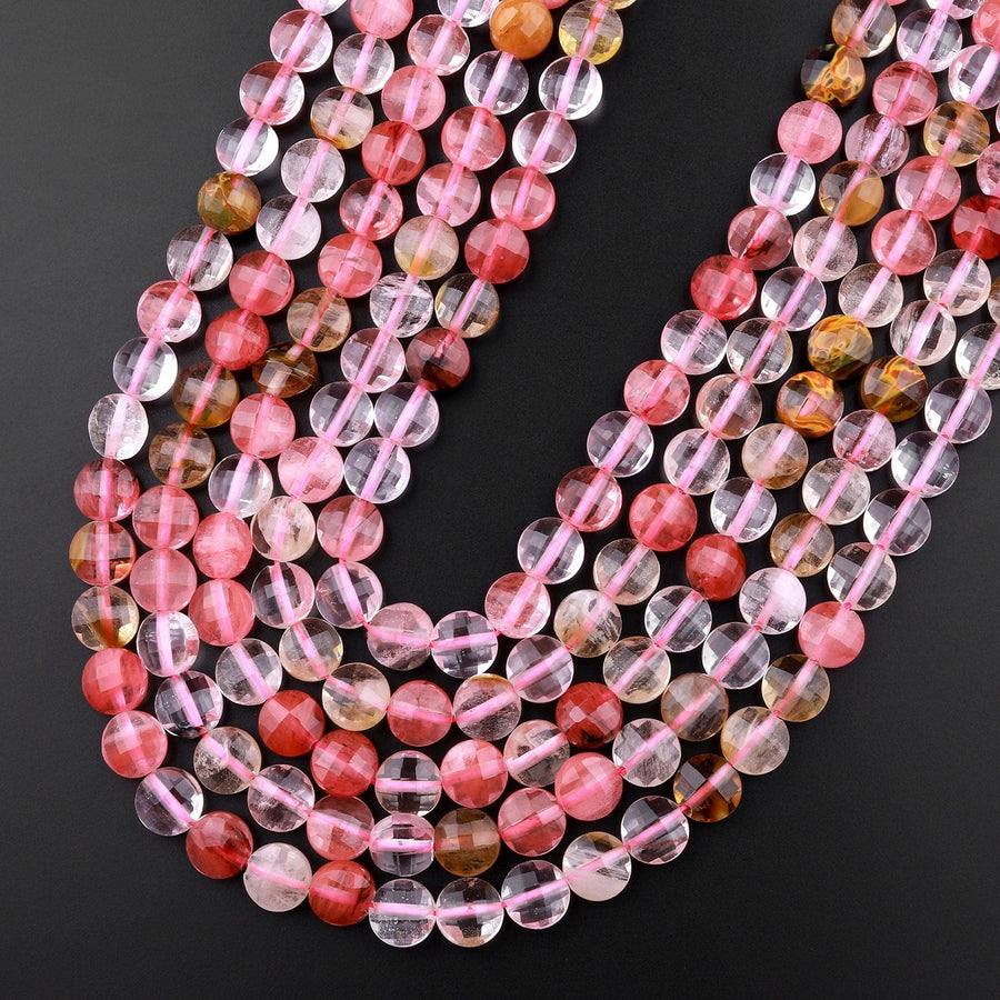 Faceted Cherry Quartz Coin Beads 6mm 8mm 10mm 15" Strand