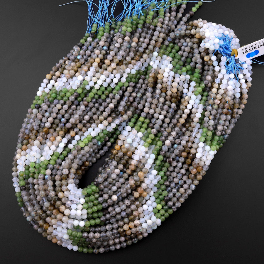 Micro Faceted Multicolor Mixed Gemstone Round Beads 4mm Labradorite Blue Chalcedony Russian Green Jade 15.5" Strand