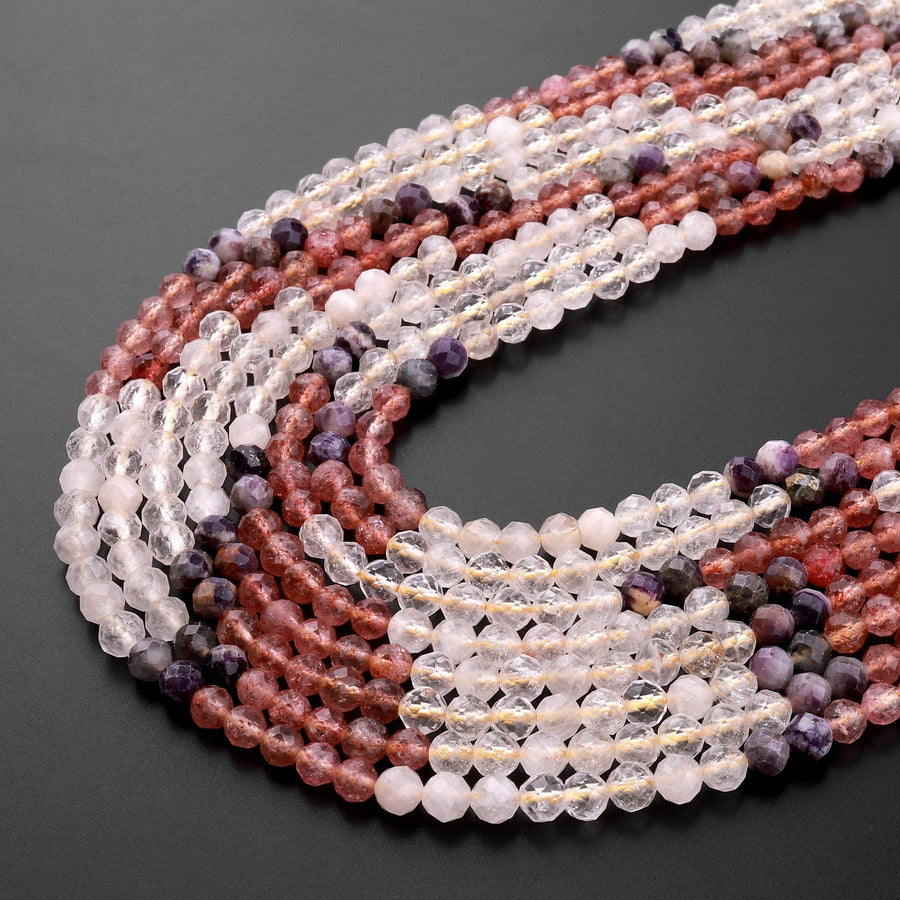 Micro Faceted Multicolor Mixed Gemstone Round Beads 4mm Strawberry Quartz Rutile Quartz Chevron Amethyst 15.5" Strand