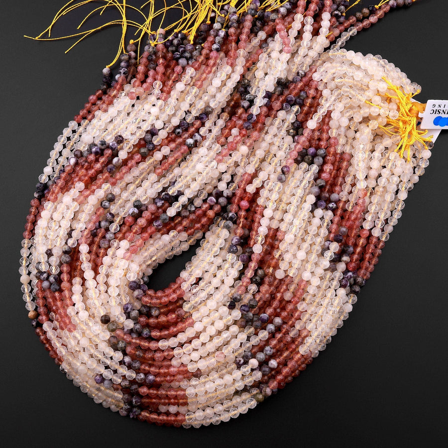 Micro Faceted Multicolor Mixed Gemstone Round Beads 4mm Strawberry Quartz Rutile Quartz Chevron Amethyst 15.5" Strand