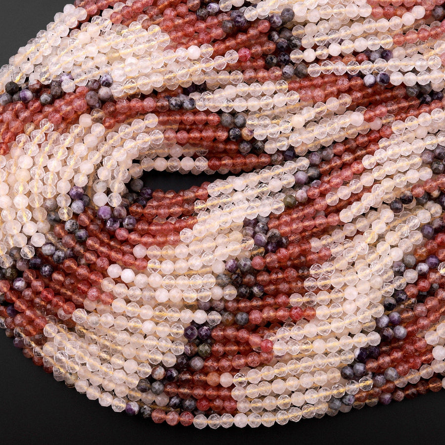 Micro Faceted Multicolor Mixed Gemstone Round Beads 4mm Strawberry Quartz Rutile Quartz Chevron Amethyst 15.5" Strand