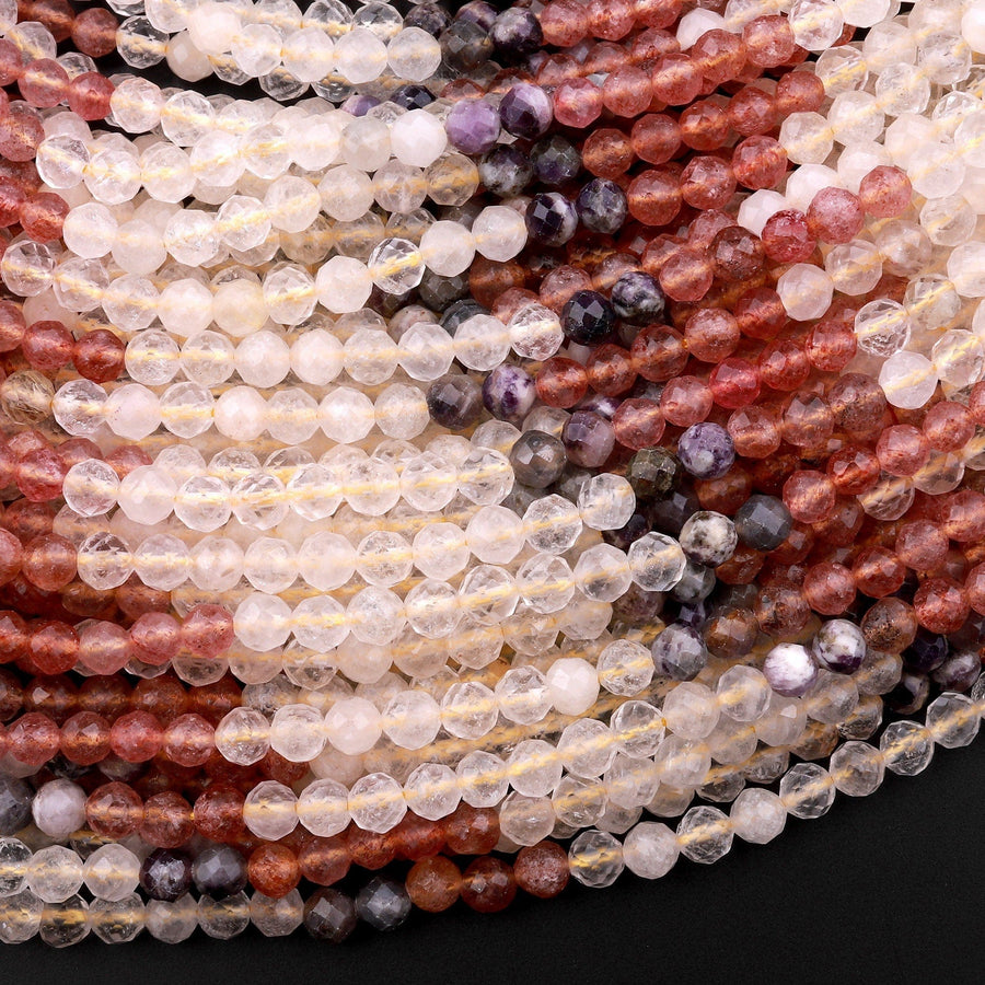 Micro Faceted Multicolor Mixed Gemstone Round Beads 4mm Strawberry Quartz Rutile Quartz Chevron Amethyst 15.5" Strand