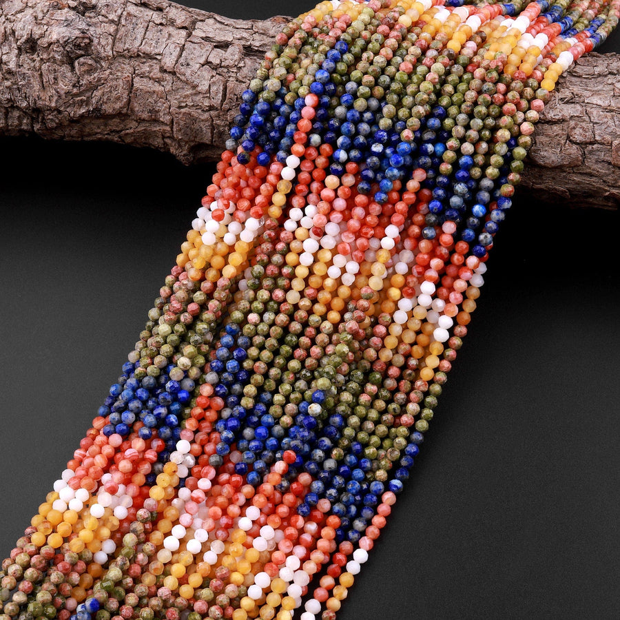 Micro Faceted Multicolor Mixed Gemstone Round Beads 3mm Orange Botswana Agate Unakite Lapis Yellow Jade 15.5" Strand