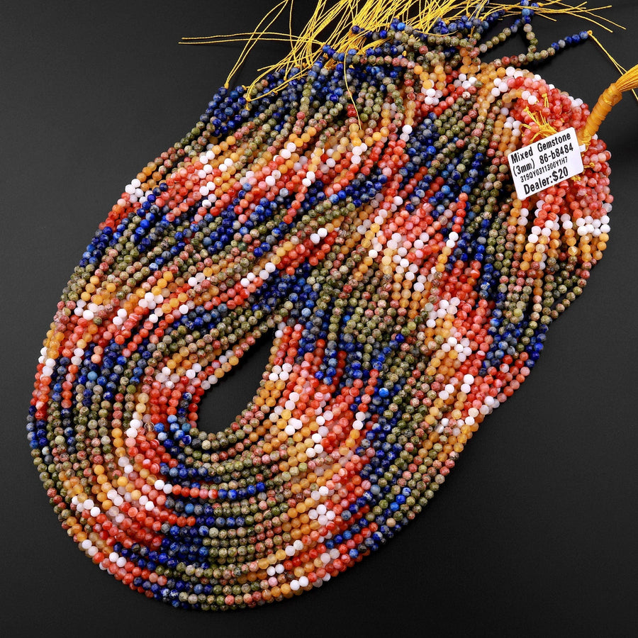 Micro Faceted Multicolor Mixed Gemstone Round Beads 3mm Orange Botswana Agate Unakite Lapis Yellow Jade 15.5" Strand