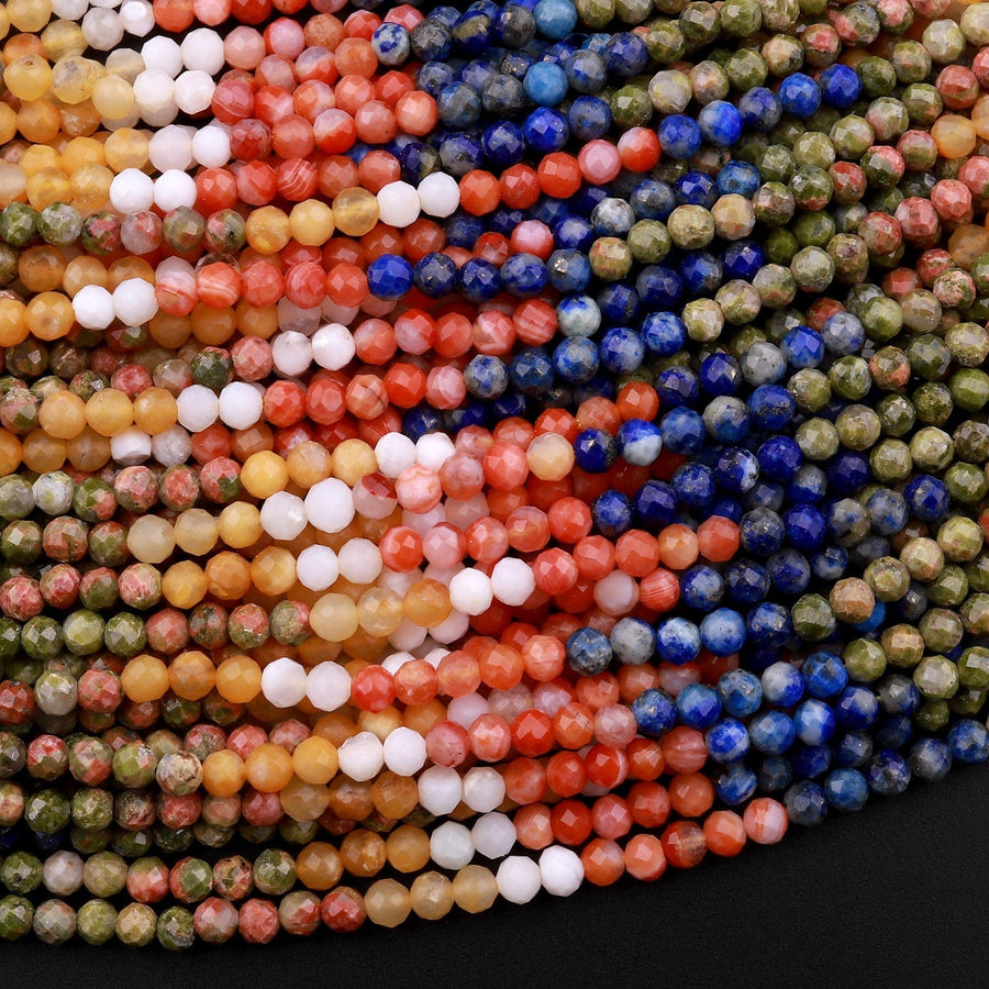 Micro Faceted Multicolor Mixed Gemstone Round Beads 3mm Orange Botswana Agate Unakite Lapis Yellow Jade 15.5" Strand