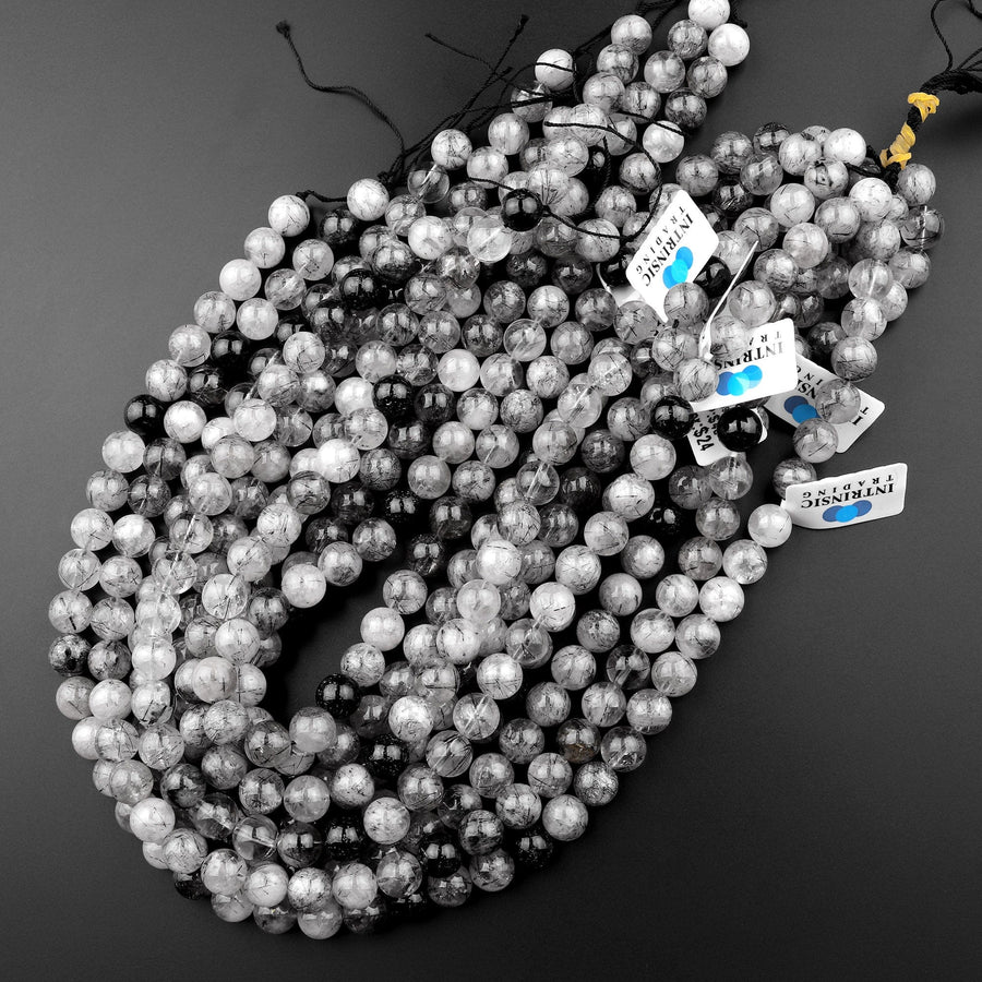 Natural Black Tourmaline Rutilated Quartz Round Beads 6mm 8mm 10mm 12mm 15.5" Strand