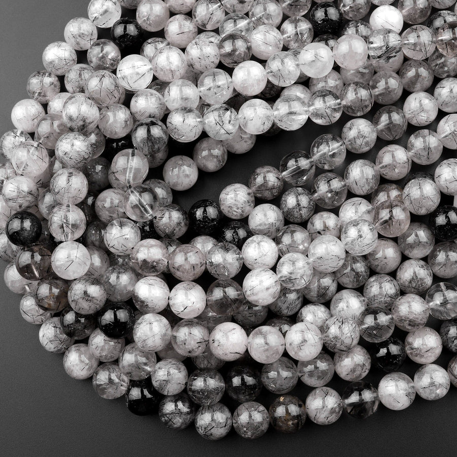 Natural Black Tourmaline Rutilated Quartz Round Beads 6mm 8mm 10mm 12mm 15.5" Strand