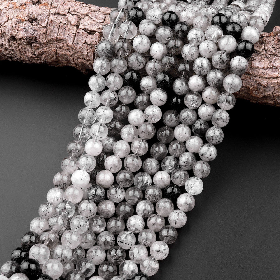 Natural Black Tourmaline Rutilated Quartz Round Beads 6mm 8mm 10mm 12mm 15.5" Strand