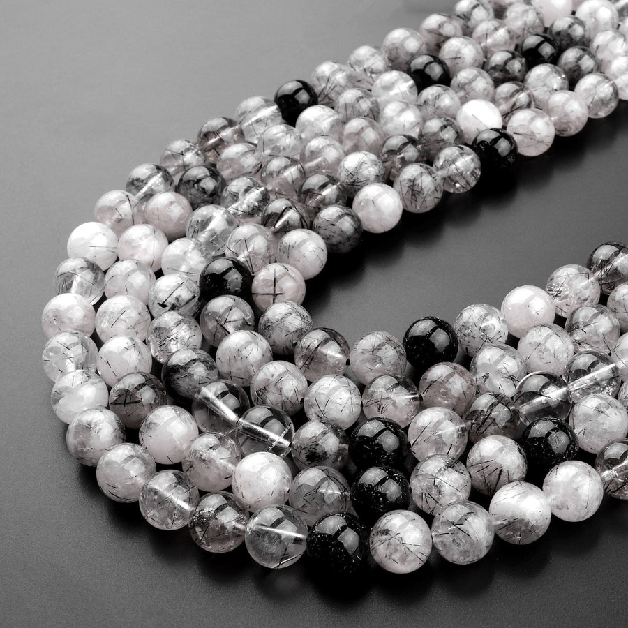 Natural Black Tourmaline Rutilated Quartz Round Beads 6mm 8mm 10mm 12mm 15.5" Strand