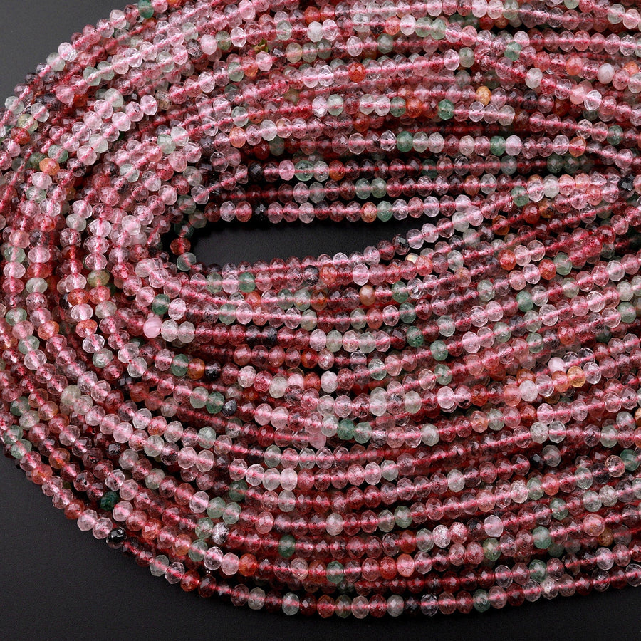 AAA Natural Strawberry Quartz Faceted 6mm Rondelle Beads Micro Laser Cut Pink Green Gemstone 15.5" Strand