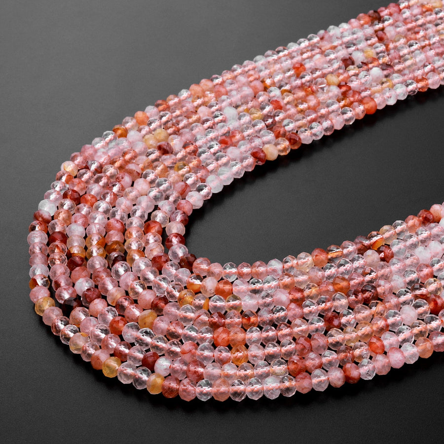Micro Faceted Natural Red Phantom Rutile Lodalite Quartz Rondelle Beads 4mm 15.5" Strand