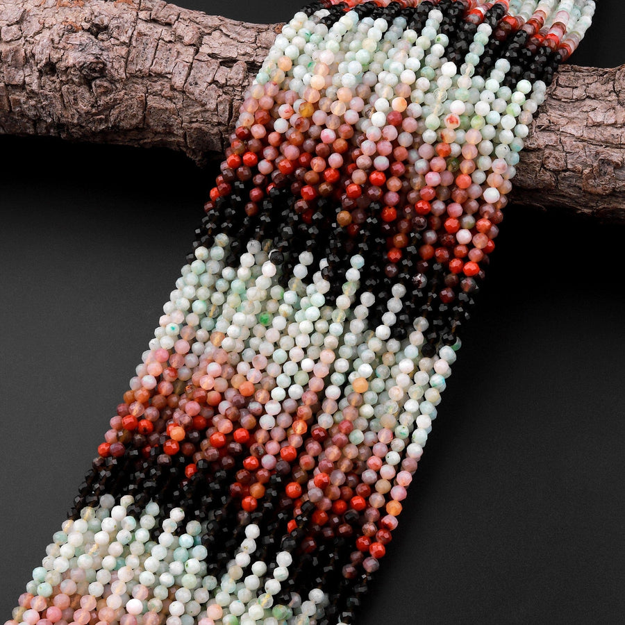 Micro Faceted Multicolor Mixed Gemstone Round Beads 3mm Rainbow Agate Amazonite Smoky Quartz 15.5" Strand