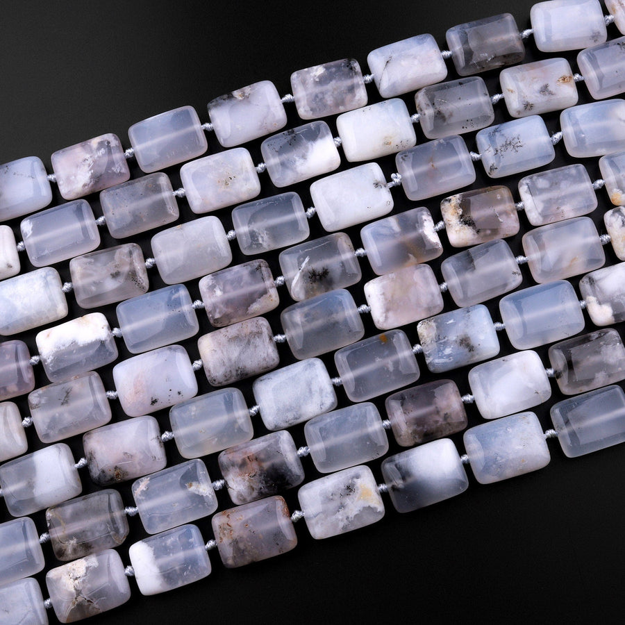 Icy! Natural Angel Chalcedony Beads Smooth Rectangle Beads With Interesting Black Dendritic Pattern Gemmy Translucent Gemstone 15.5" Strand