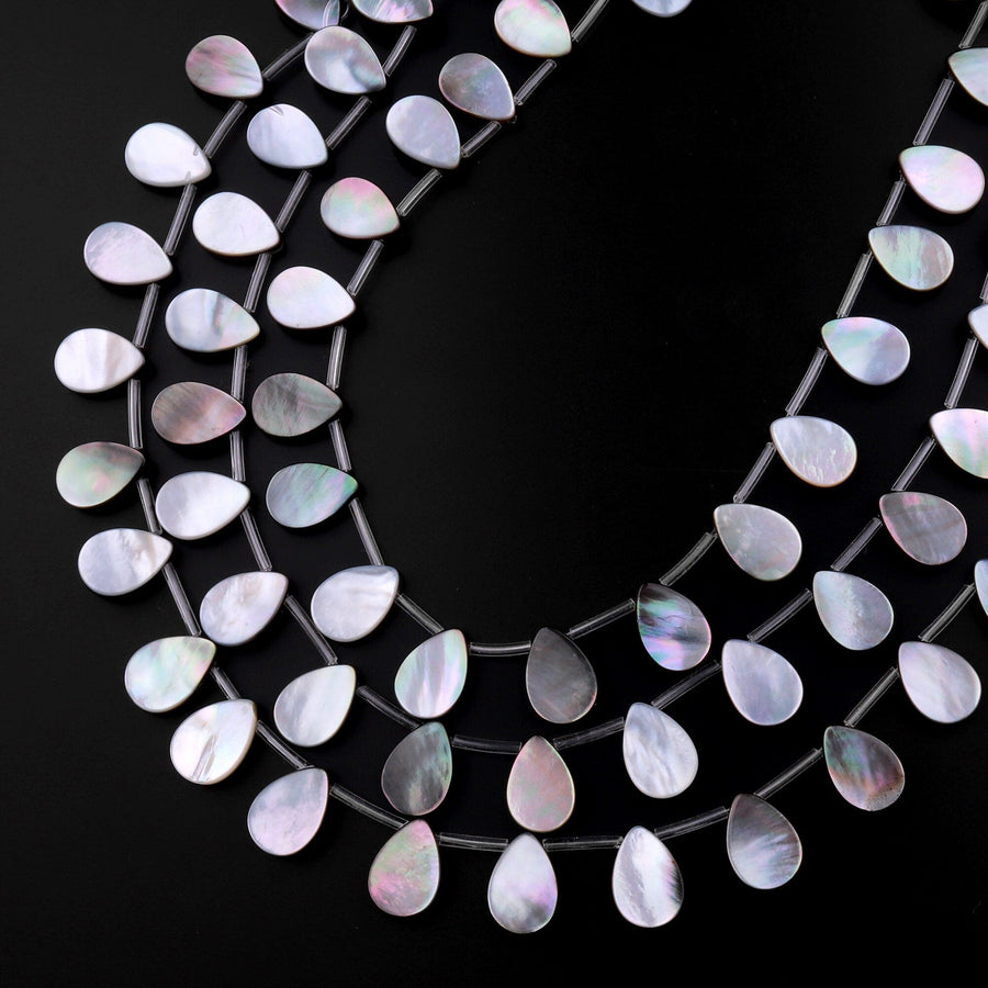 Natural Black Mother of Pearl Shell Beads Teardrop Top Side Drilled Iridescent Rainbow Overtone 15.5" Strand