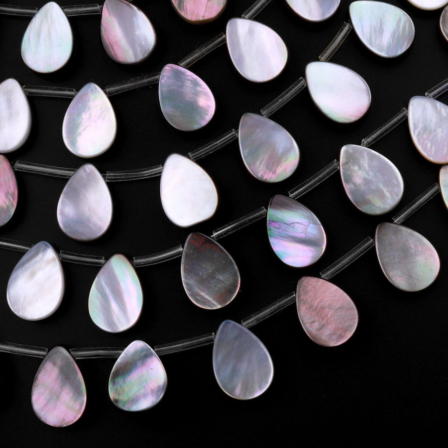 Natural Black Mother of Pearl Shell Beads Teardrop Top Side Drilled Iridescent Rainbow Overtone 15.5" Strand