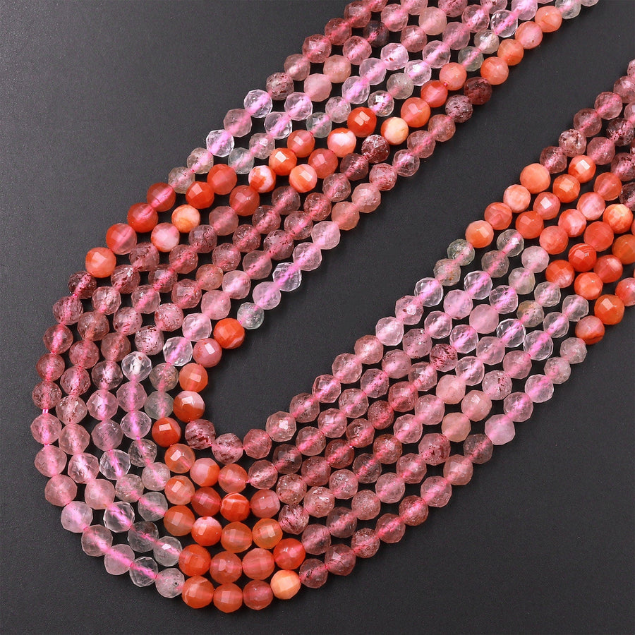Micro Faceted Multicolor Mixed Gemstone Round Beads 4mm Rose Quartz Strawberry Quartz Red Agate Gradient Red Shades 15.5" Strand