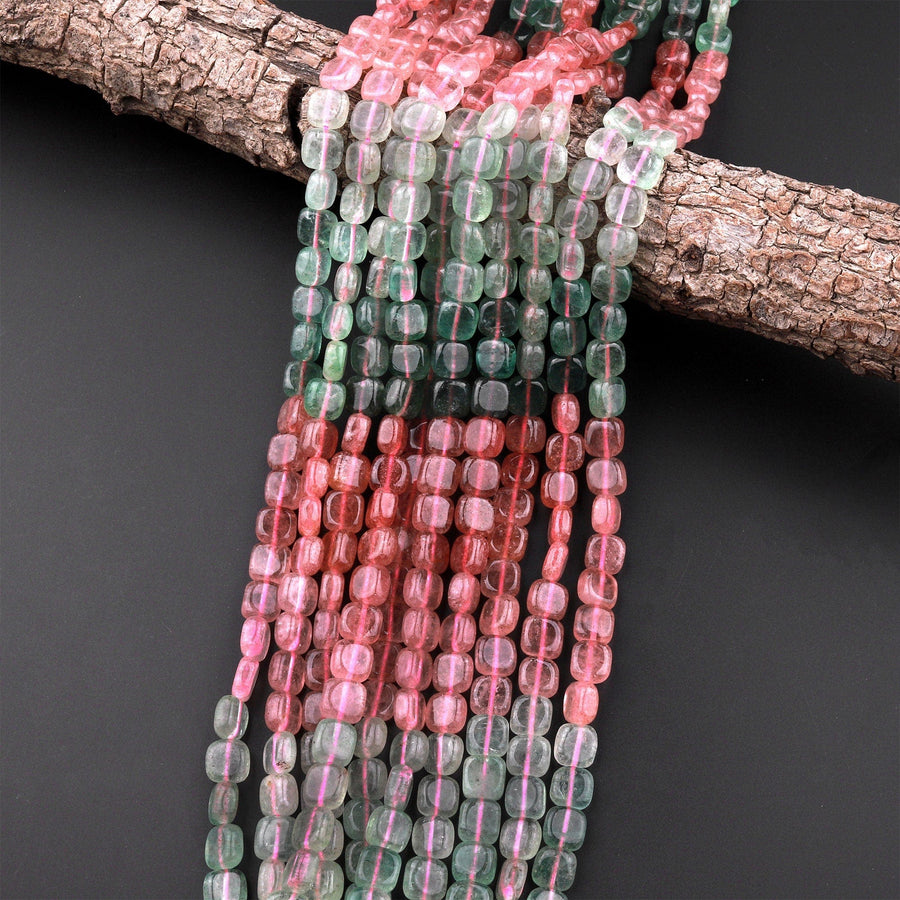 Natural Strawberry Quartz  8mm Square Beads Red Pink Green Gemstone 15.5" Strand