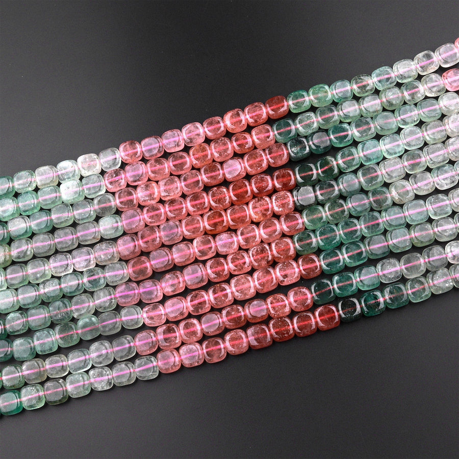 Natural Strawberry Quartz  8mm Square Beads Red Pink Green Gemstone 15.5" Strand