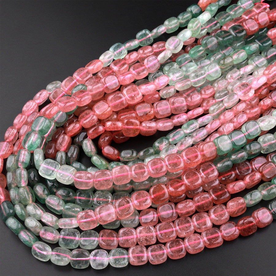 Natural Strawberry Quartz  8mm Square Beads Red Pink Green Gemstone 15.5" Strand