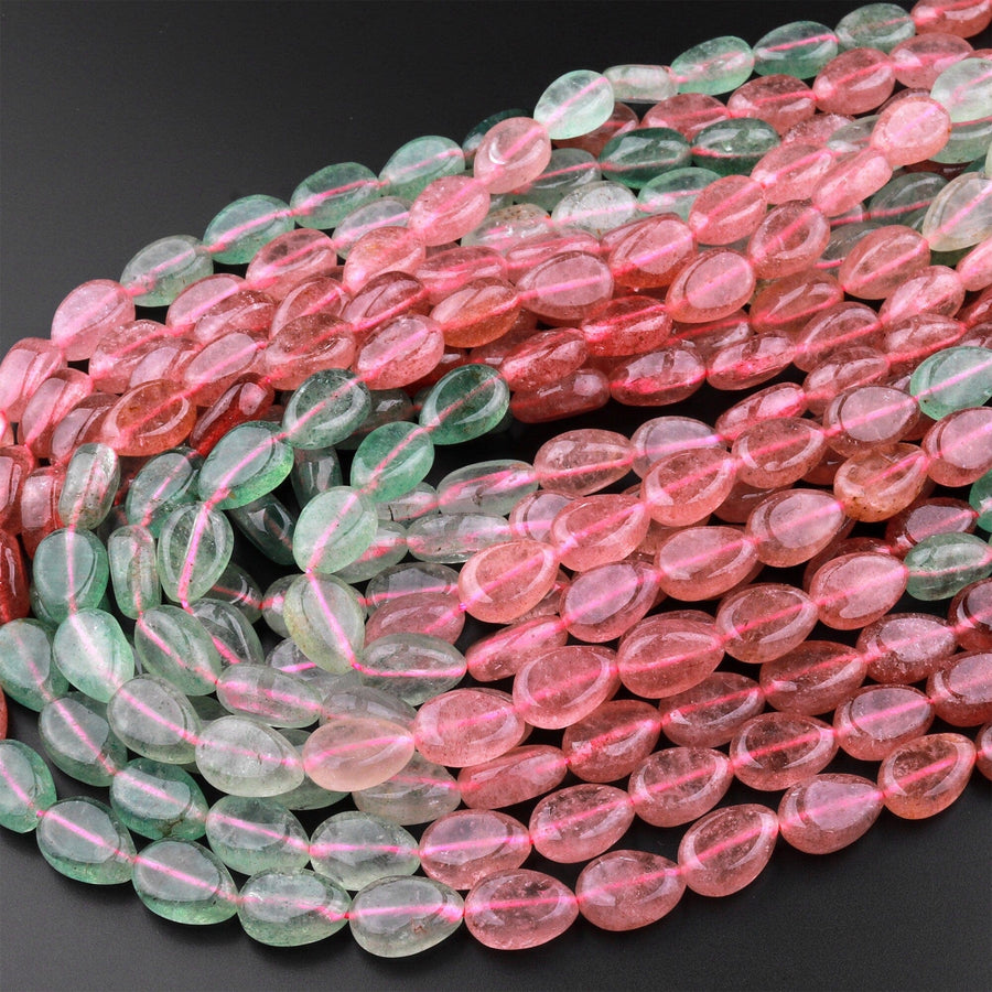 Natural Strawberry Quartz Teardrop Beads Vertically Drilled Red Pink Green Gemstone 15.5" Strand