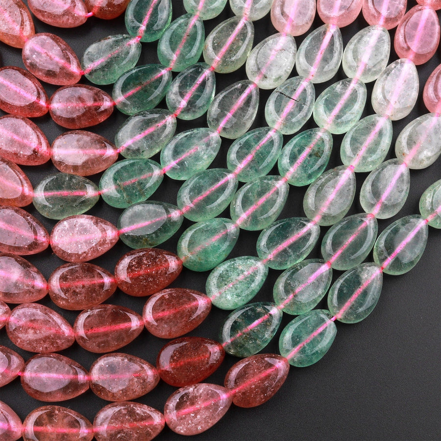 Natural Strawberry Quartz Teardrop Beads Vertically Drilled Red Pink Green Gemstone 15.5" Strand
